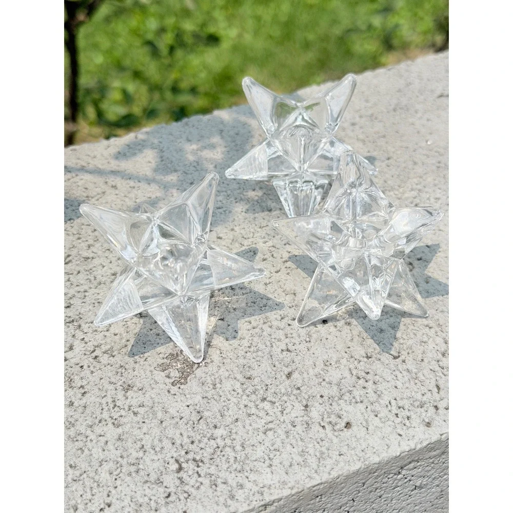 Vintage 9-point Clear Glass Star Merkaba Taper Candle Holders Set of 3